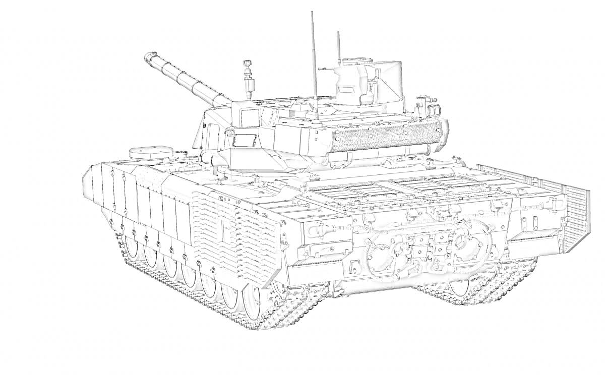 Раскраска Танковая раскраска: Т-14 Армата с пушкой, антенной, и гусеницами