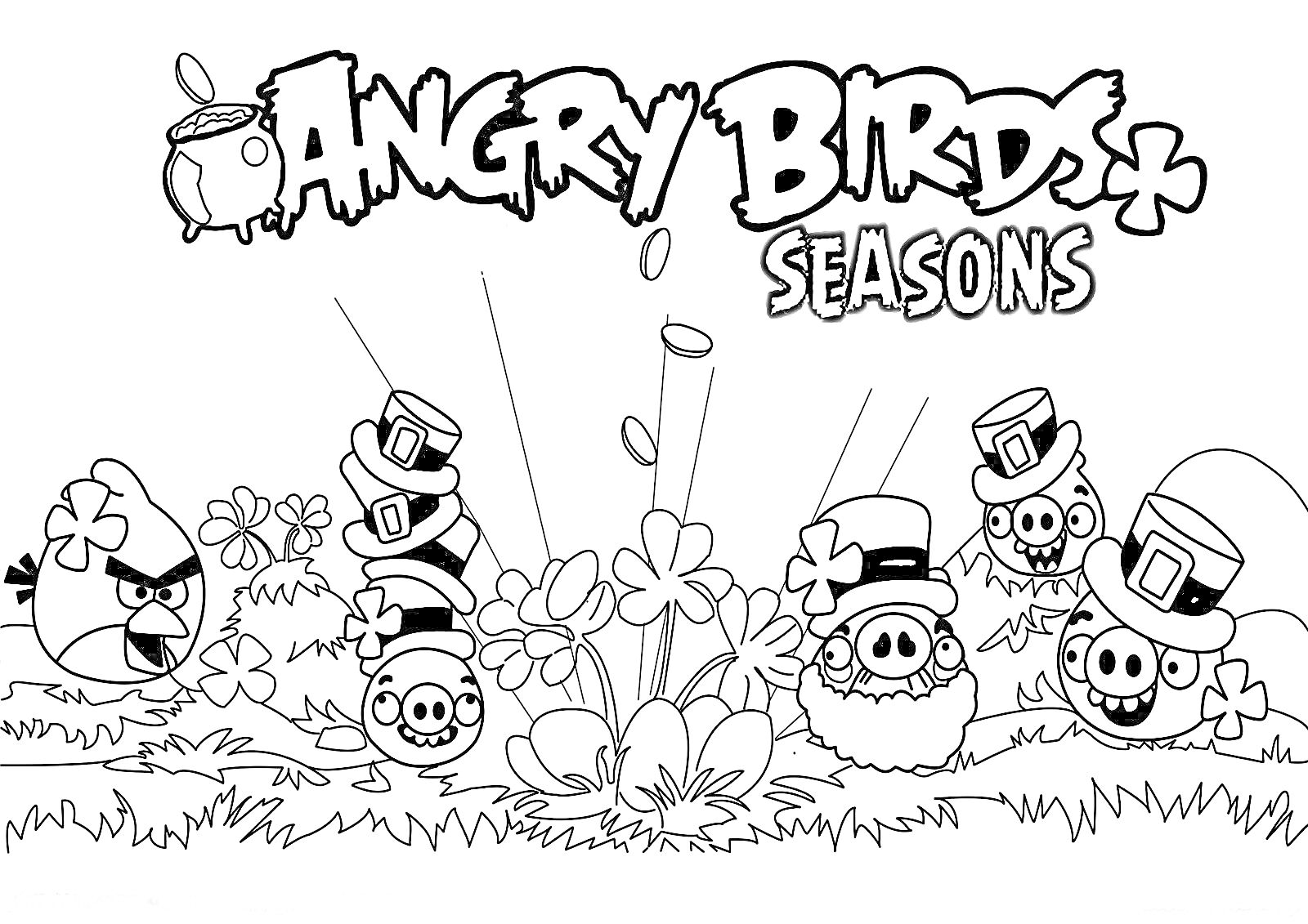Раскраска Angry Birds Seasons с одним злым красным птицей, четырьмя свиньями в цилиндрах, пушкой и растительностью на переднем плане