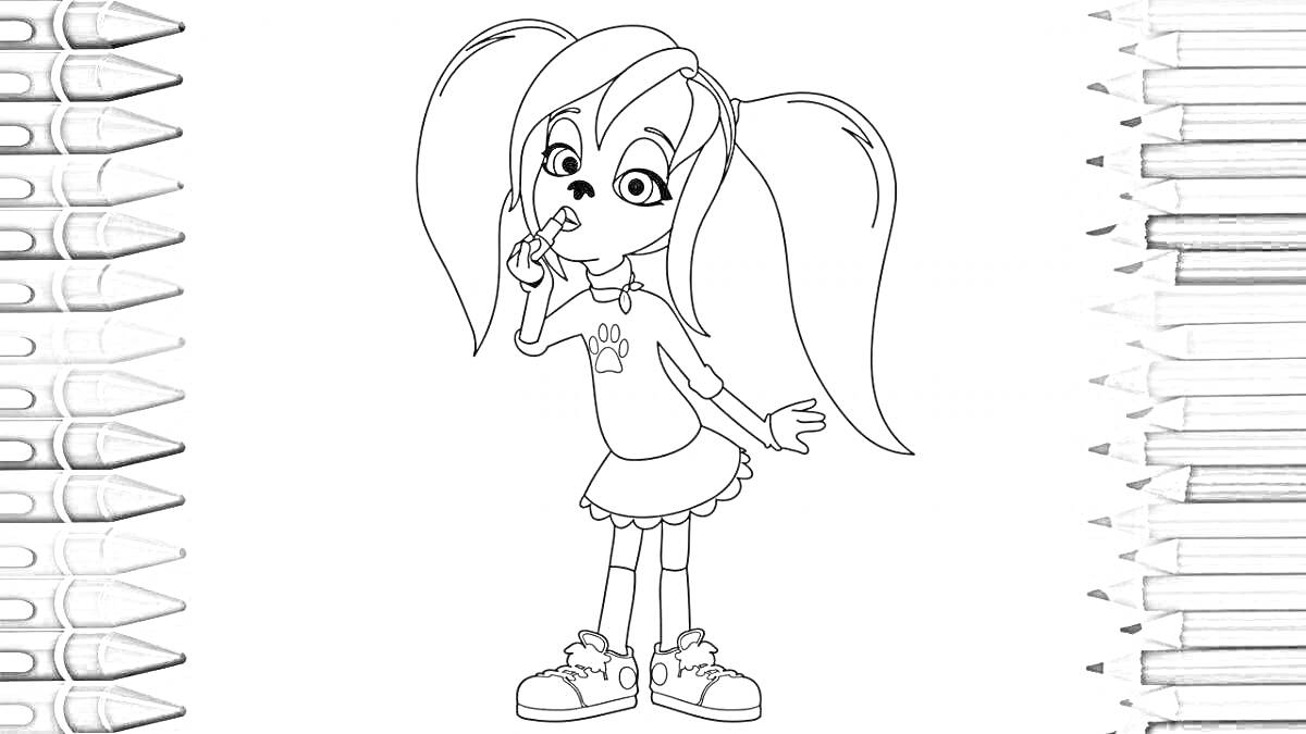 Раскраска Девочка с хвостиками в юбке и свитере, окружена карандашами