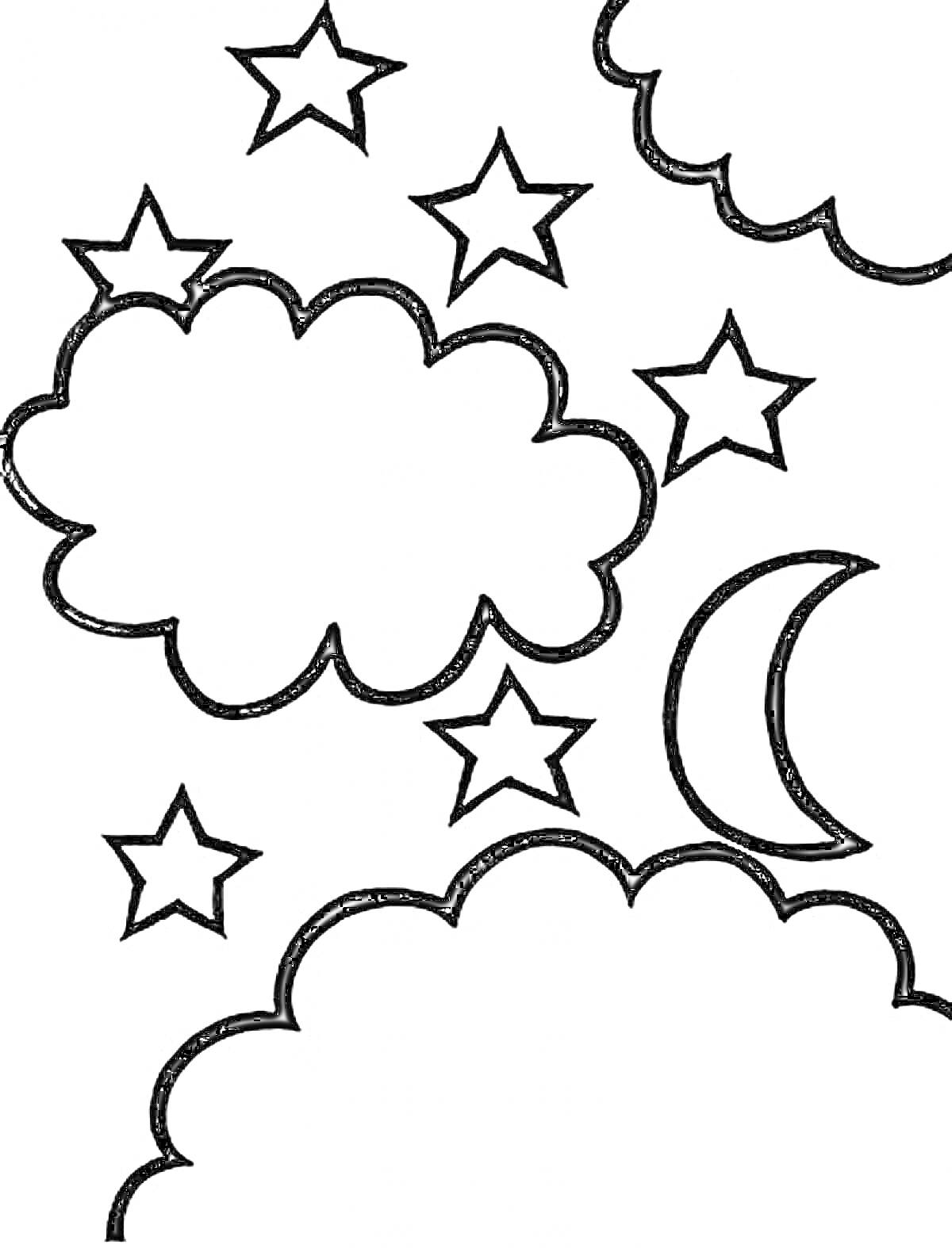 На раскраске изображено: Облака, Звезды, Месяц, Ночное небо, Контурные рисунки