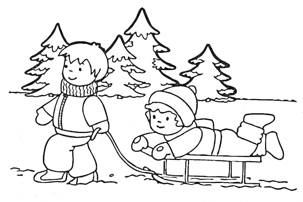 На раскраске изображено: Зима, Деревья, Снег, Лес, Игра на улице, Зимние забавы, Для детей, Сани