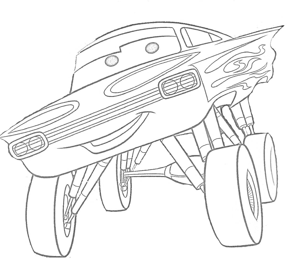 Раскраска Мультяшный автомобиль Рамон с радостным выражением лица, нанесенными на корпус рисунками пламени и большими колесами