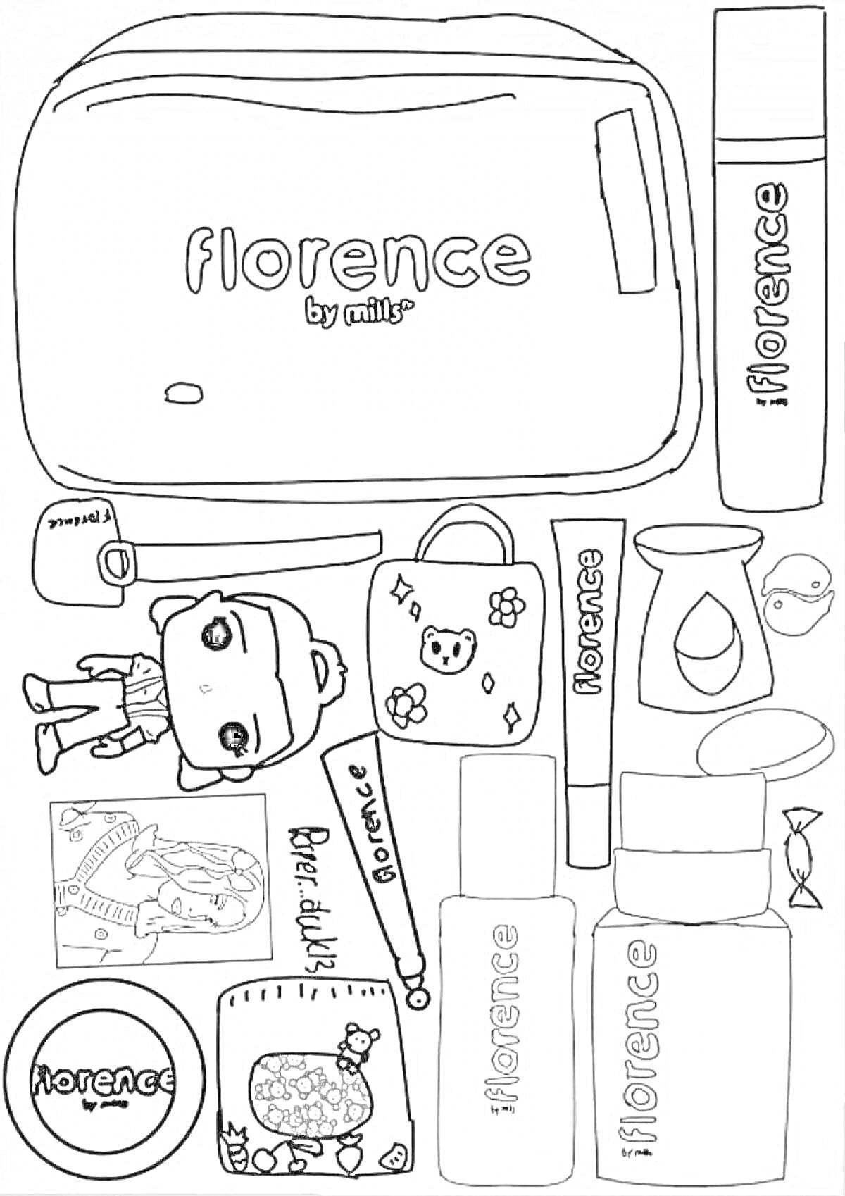 Раскраска Лалафанфан утка с одеждой, рюкзаком, косметическими средствами, кружкой, молочной конфетой и фотографиями