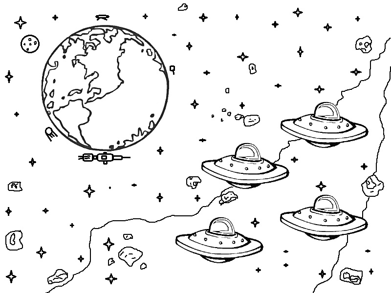 На раскраске изображено: Земля, НЛО, Летающие тарелки, Космос, Астероиды, Звезды, Галактика, Вселенная, Ракета, Планеты