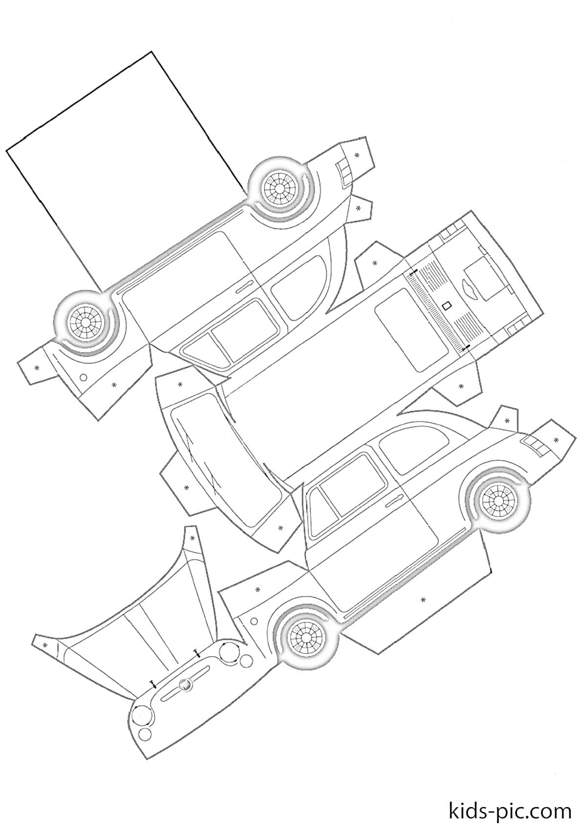 Развертка автомобиля с четырьмя колёсами, боковыми дверьми, капотом и крышей