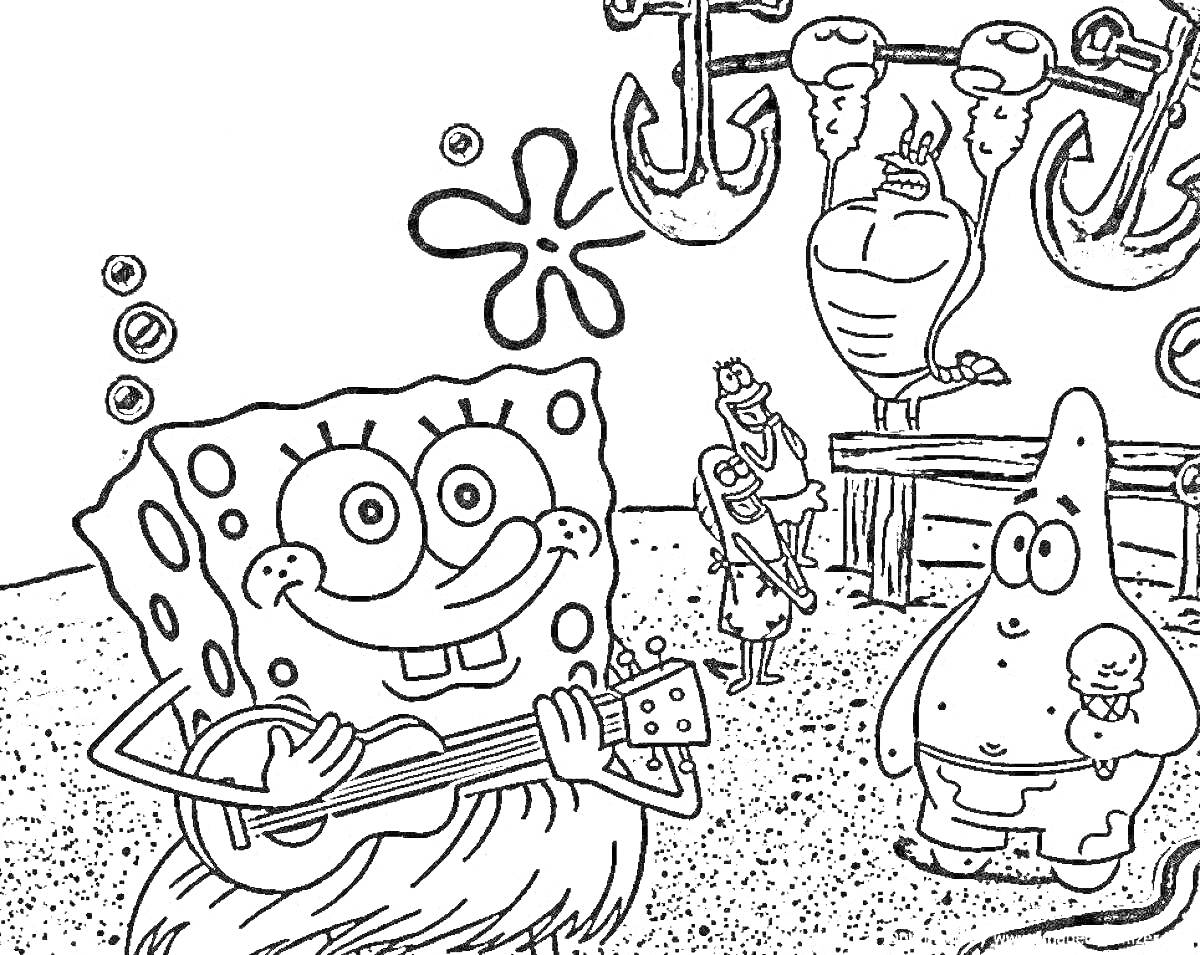 На раскраске изображено: Спанч Боб, Патрик, Мороженое, Гантели, Якоря, Подводный мир