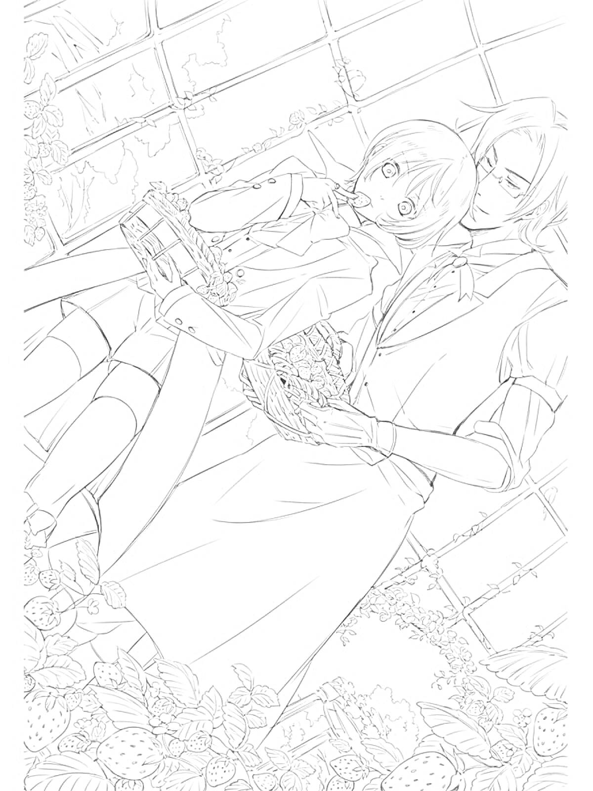 Раскраска Двое персонажей в оранжерее, с книгами в руках, растительность вокруг