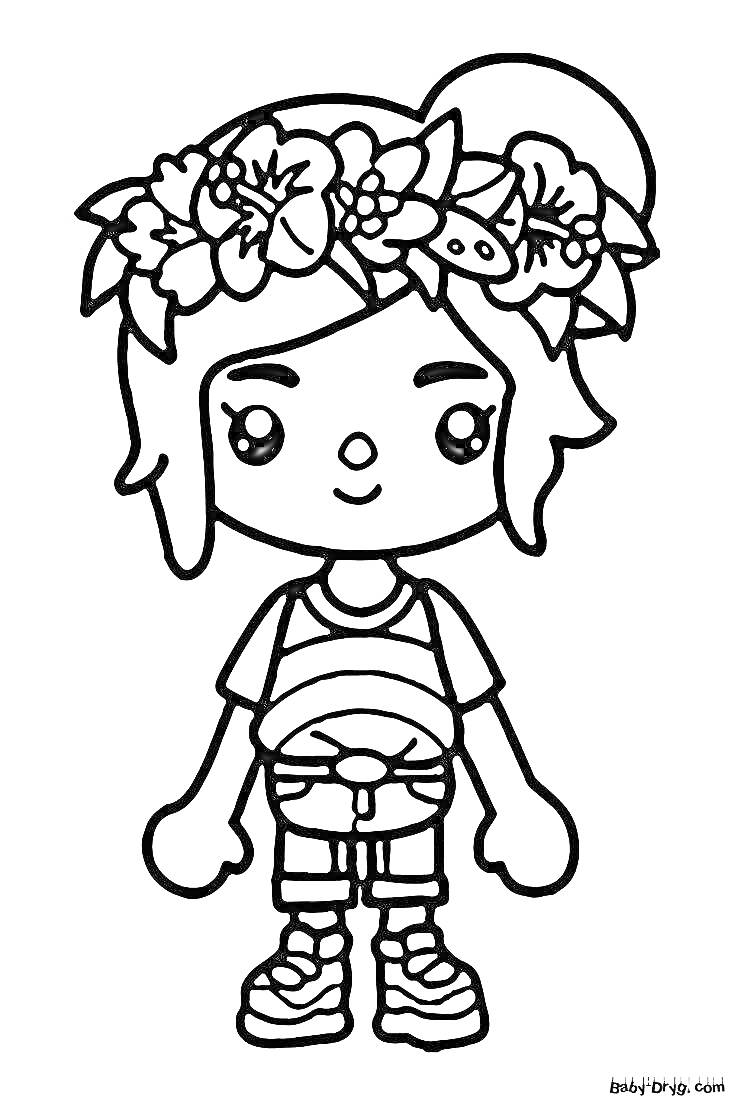 Раскраска Персонаж из Toca Boca с цветочным венком, в футболке, шортах и ботинках