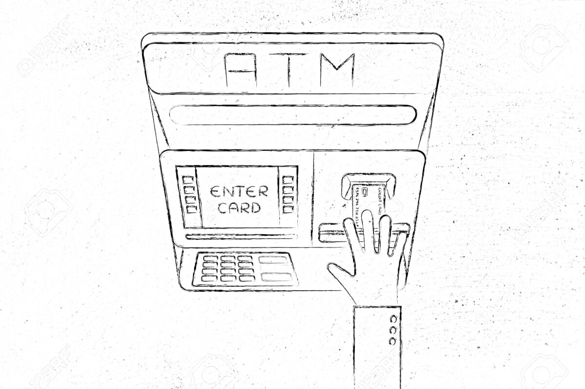 Раскраска банкомат с экраном, клавиатурой, картоприемником и рукой, вставляющей карту