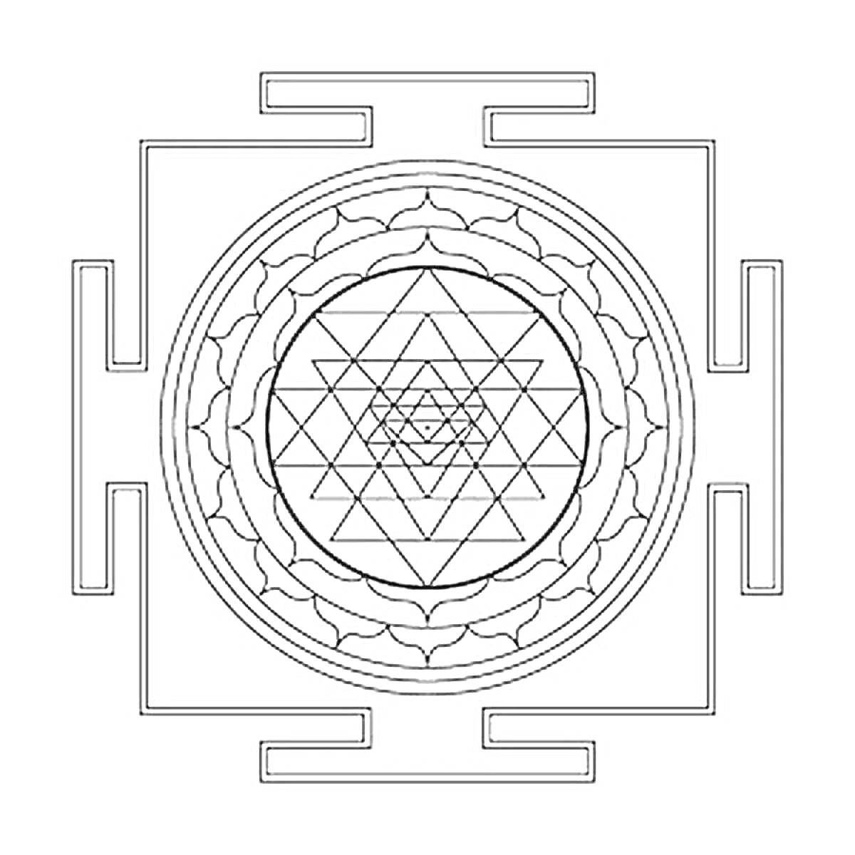 Раскраска Янтра со множеством треугольников в центре, окружённая тремя кольцами лотосов и внешним квадратом с выступами