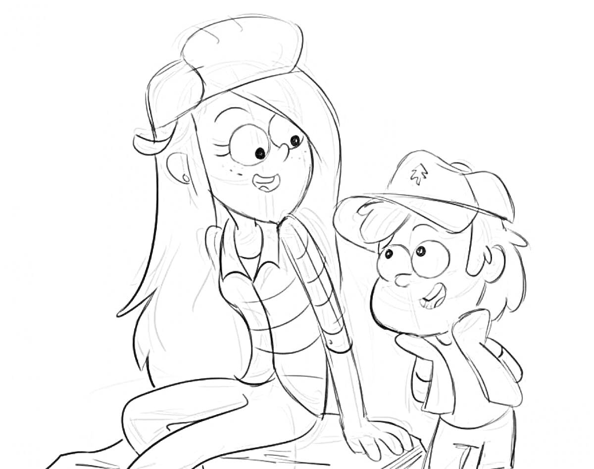 Раскраска Девушка с длинными волосами и бейсболкой сидит рядом с мальчиком в кепке
