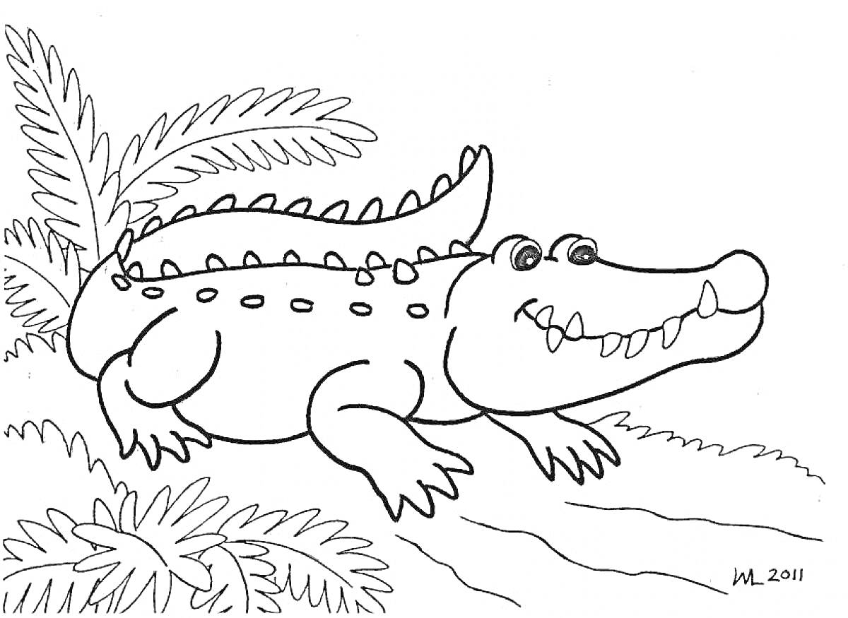 Раскраска Крокодил в джунглях с растительностью