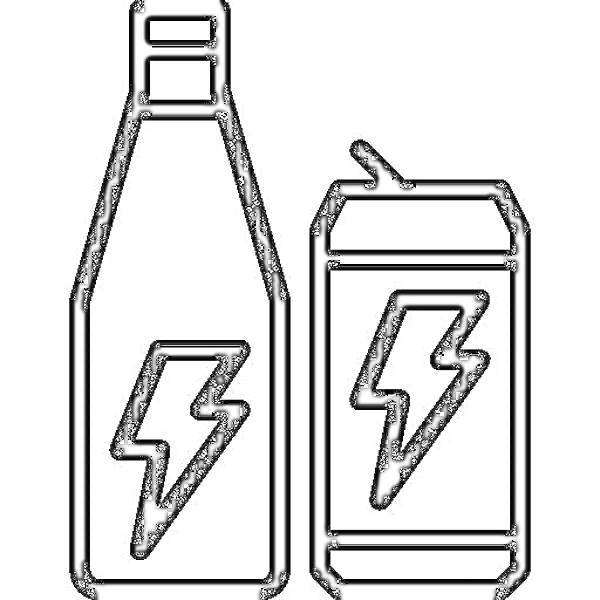 На раскраске изображено: Энергетик, Бутылка, Банка, Напиток, Молния, Энергия, Контурные рисунки, Символы