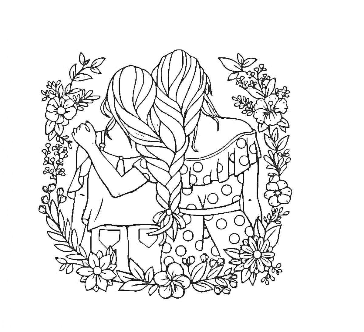 Раскраска Две девочки, обнимающиеся спиной к зрителю, с длинной косой, обрамленные цветами и листвой.