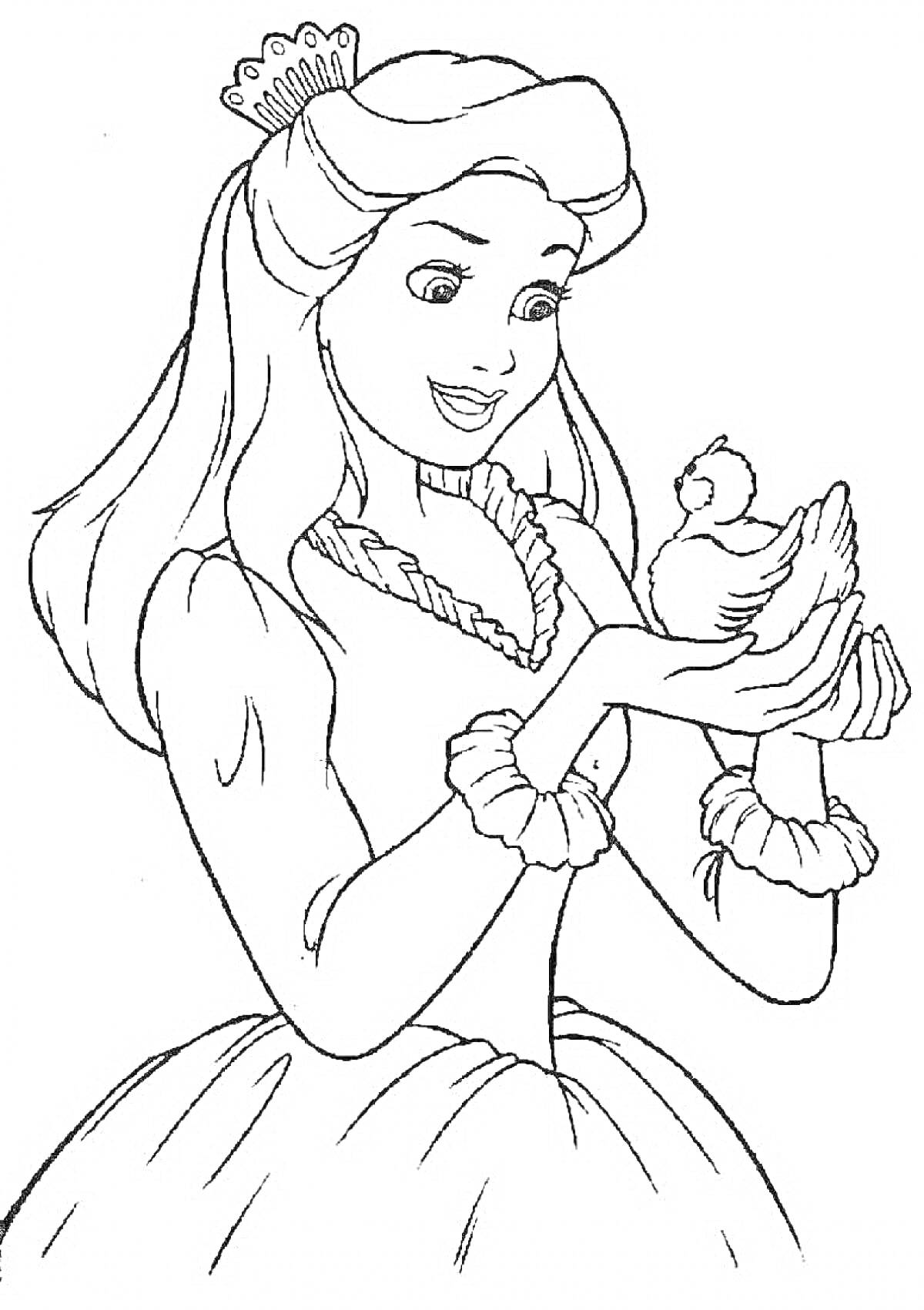 Раскраска Принцесса с птичкой на руках