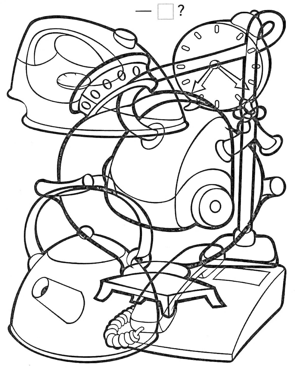 На раскраске изображено: Электроприборы, Утюг, Будильник, Миксер, Телефон, Для детей, 6 лет, 7 лет, Техника