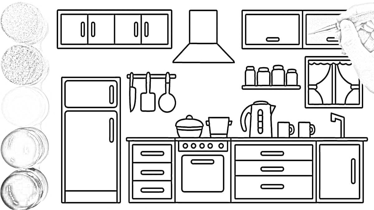 Кухня Тока Бока: холодильник, кухонные шкафы, плита с духовкой, вытяжка, чайник, кастрюля, чашки, посуда, картины на стенах, окно с занавеской, полотенцесушитель с полотенцами