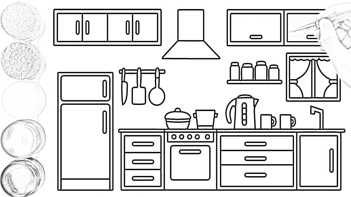 На раскраске изображено: Кухня, Тока бока, Холодильник, Плита, Духовка, Вытяжка, Чашки, Посуда, Окна, Шкаф, Занавески, Кастрюли, Чайники