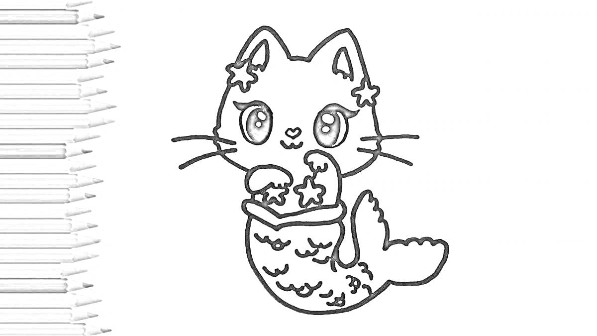 Раскраска Кошка русалка с большими глазами, звездочками на ушах и ножках, и чешуйчатым хвостом