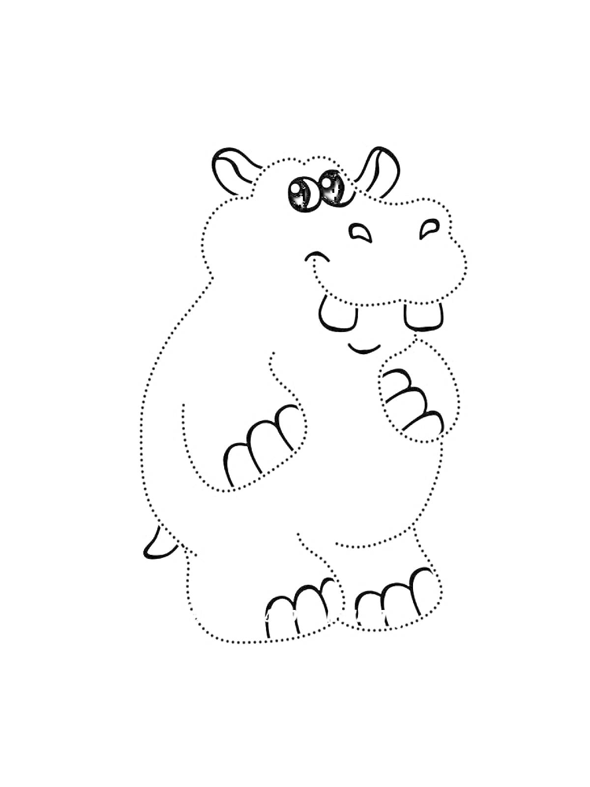 Раскраска Раскраска по точкам: бегемот с хвостом, ушами и зубами