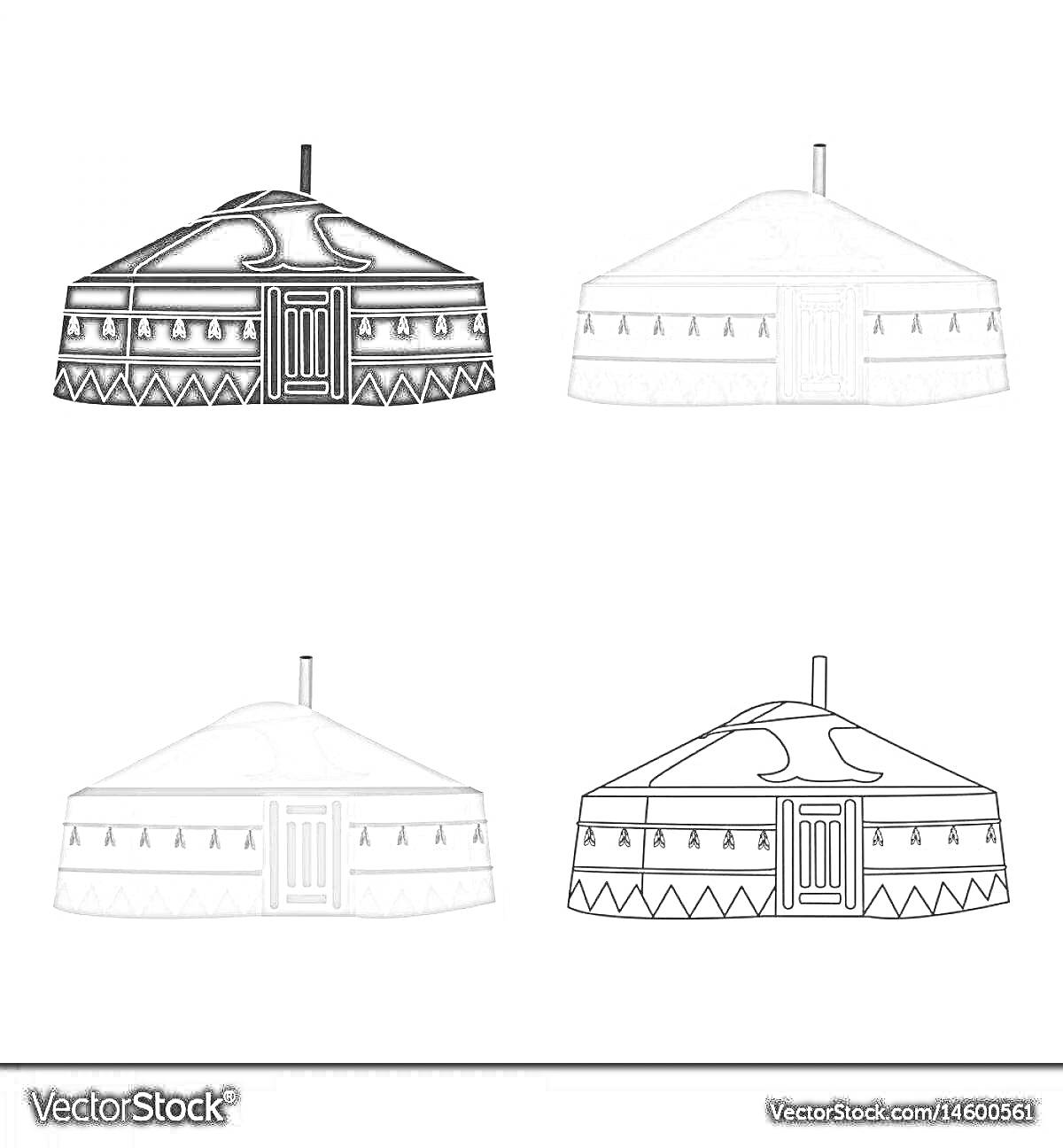 Четыре бурятские юрты в разных цветах (черная, серая, светло-серая, контурная)