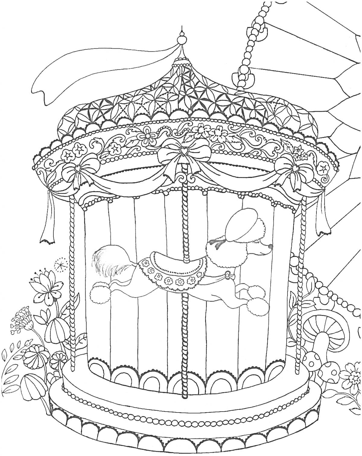 Раскраска Карусель с лошадкой, украшенной лентами и цветами, на фоне колеса обозрения и цветочных элементов.
