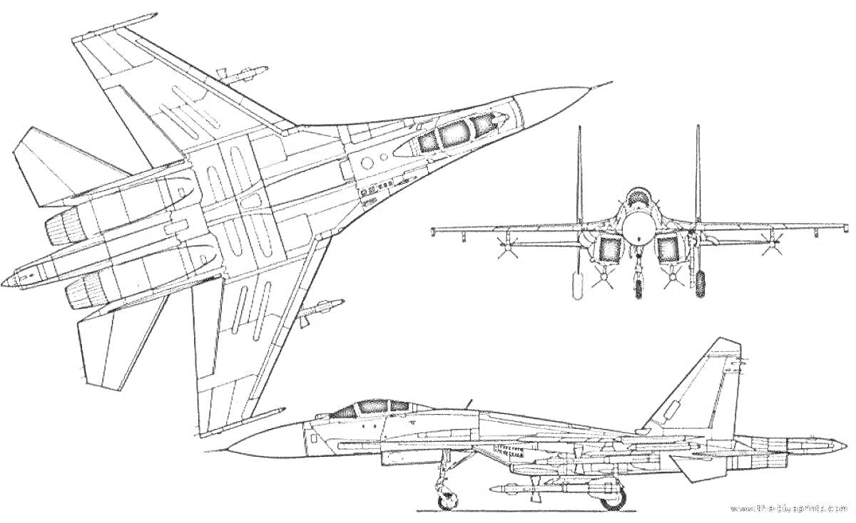 Су-27: вид сверху, вид сбоку, вид спереди