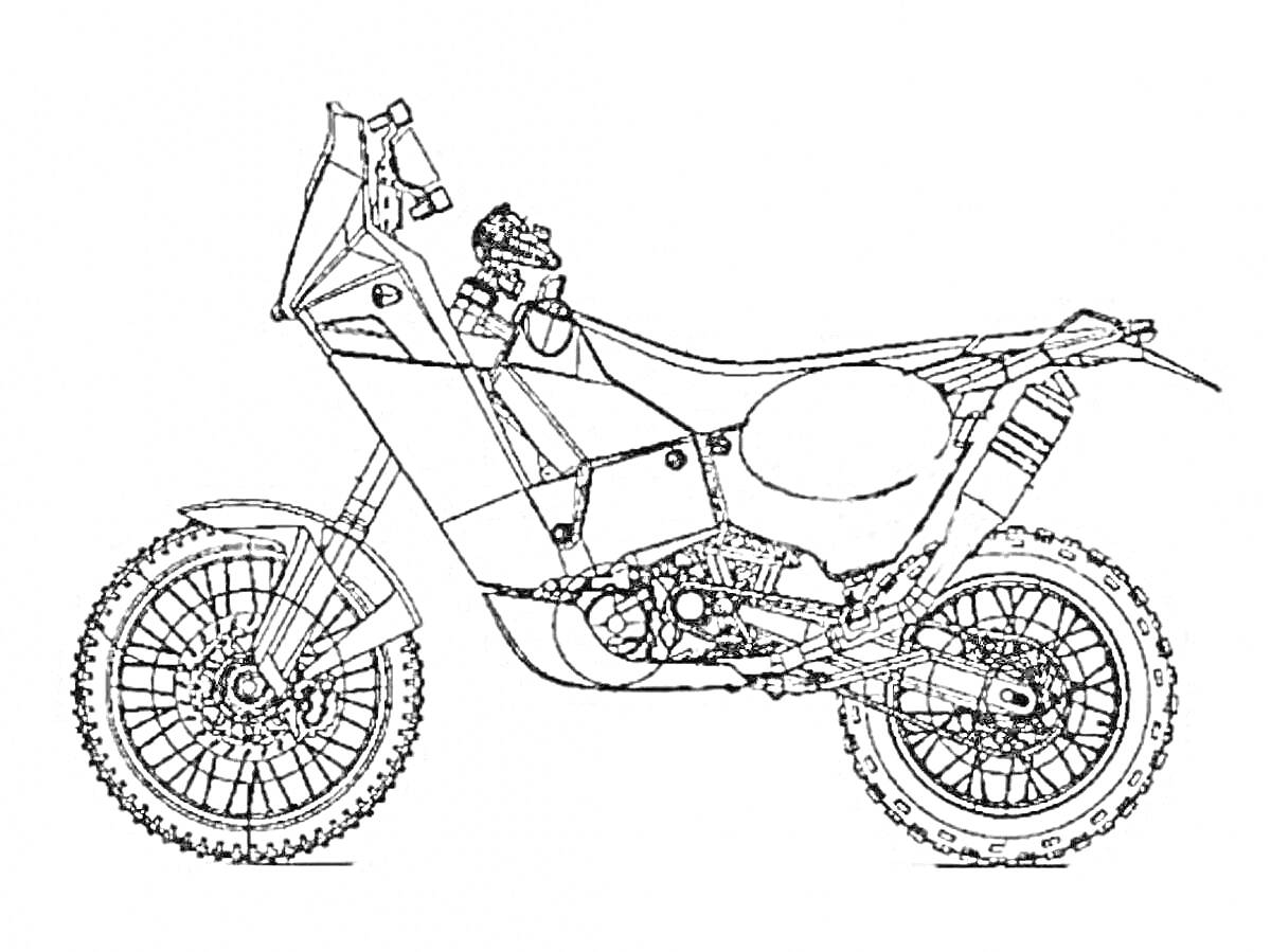 Раскраска Чертеж мотоцикла для мотокросса с детализированными элементами и узлами