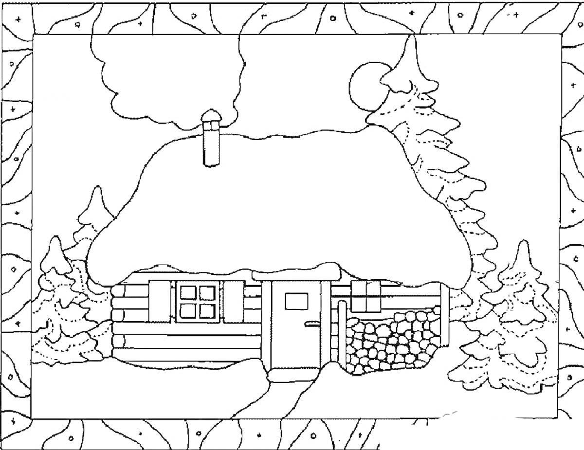 Раскраска Зимний домик в лесу с елями и дровами