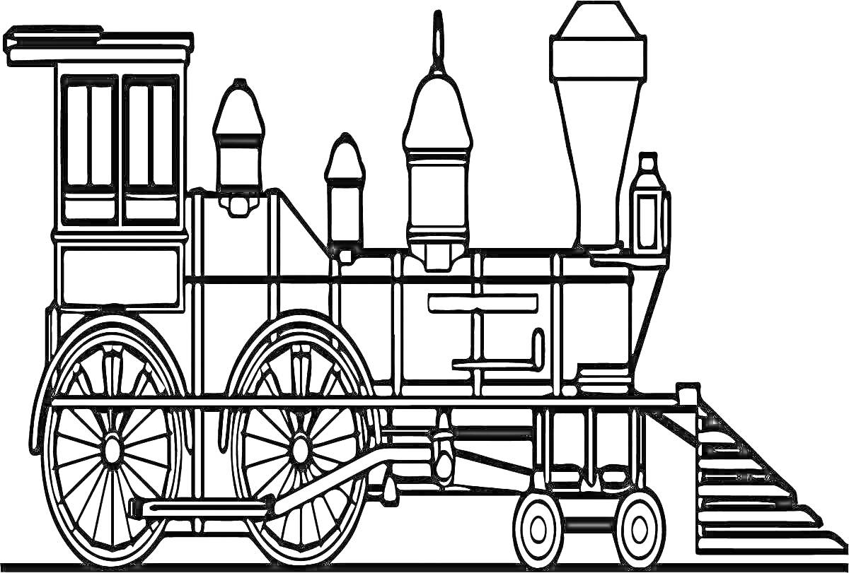 На раскраске изображено: Паровоз, Локомотив, Дымовые трубы, Колёса, Железная дорога, Транспорт