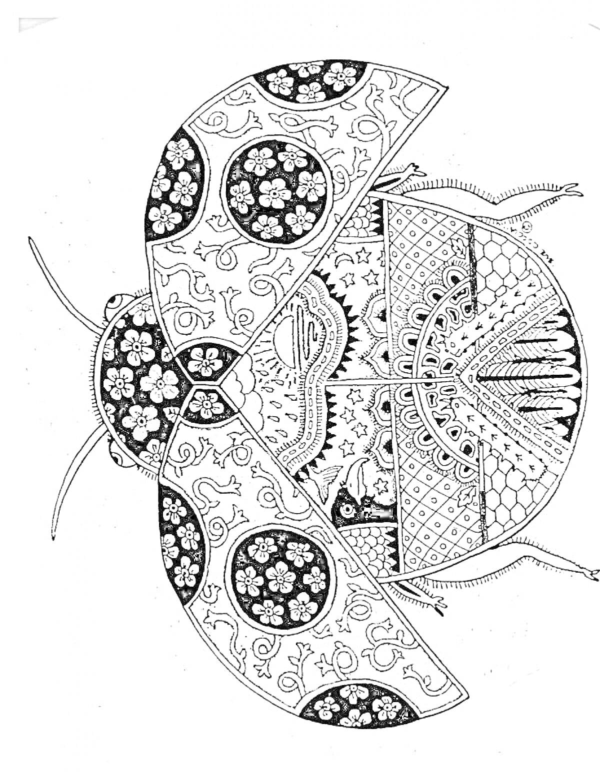 Раскраска Божья коровка с цветочными и геометрическими узорами