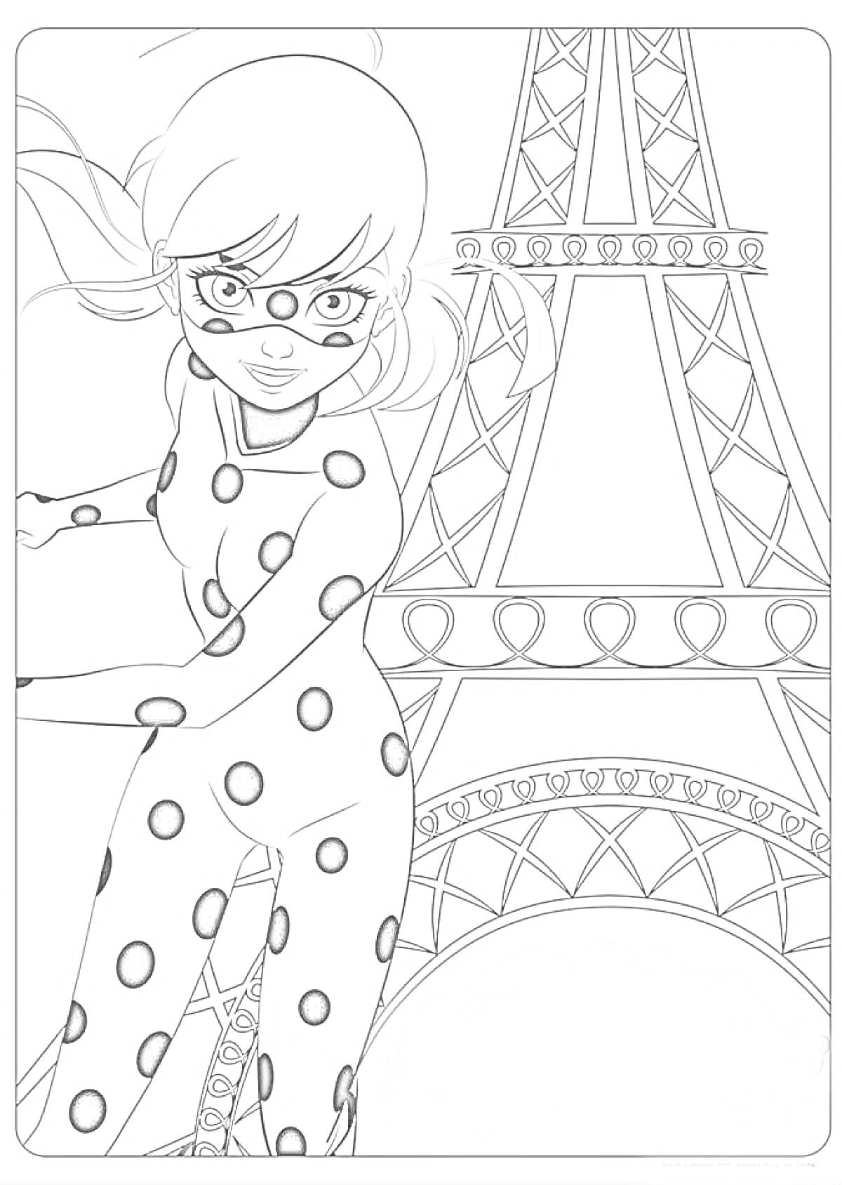 Девушка в костюме в горошек на фоне Эйфелевой башни