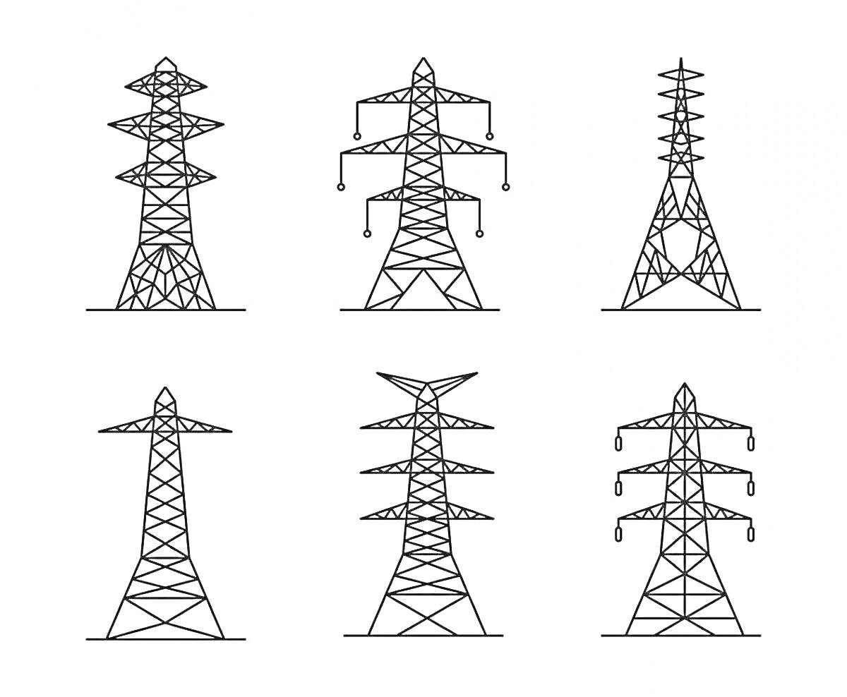 Шесть электрических башен разного типа