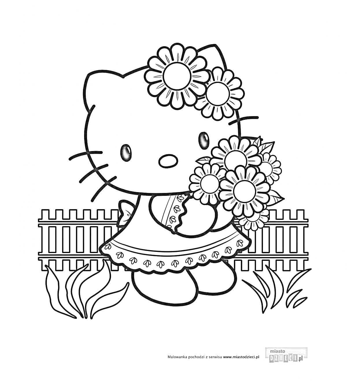 Раскраска Hello Kitty с букетом цветов на фоне забора и растений