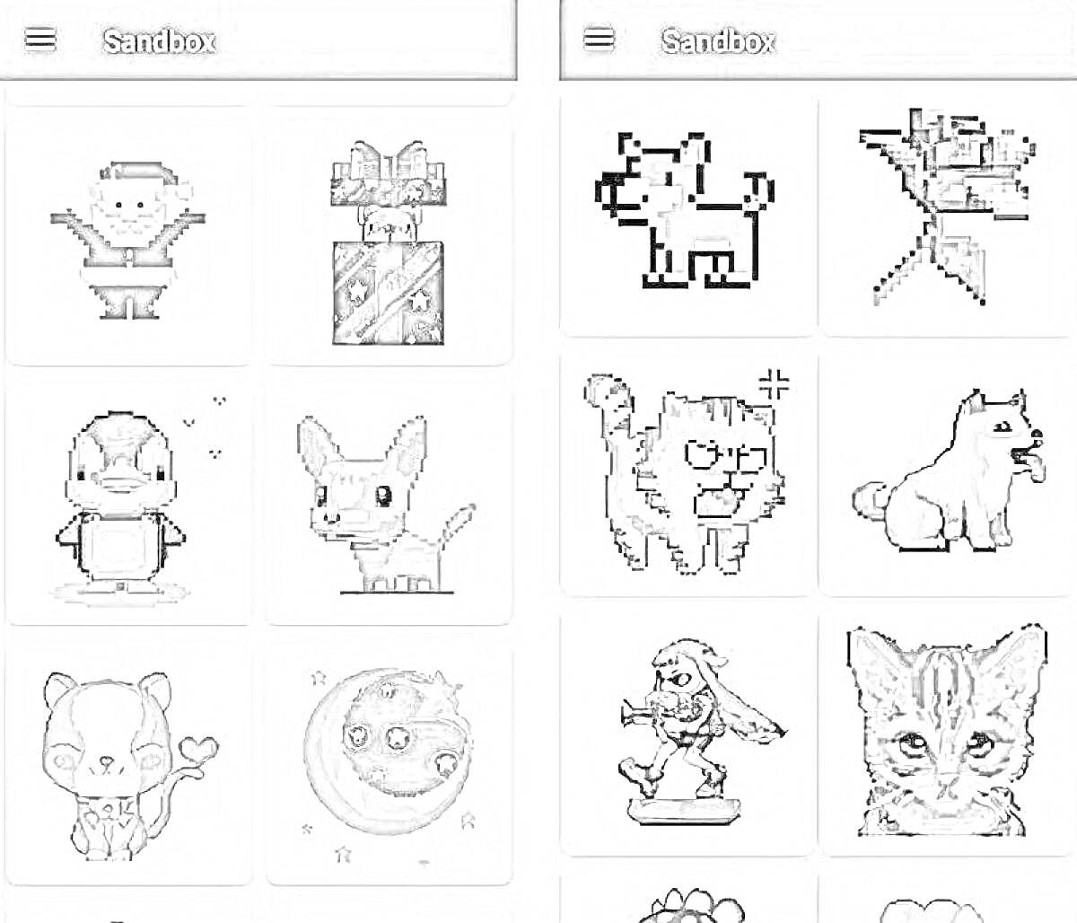 Раскраска Коллекция пиксельных раскрасок по номерам в сандбоксе: человек в костюме, новогодний подарок, собака, динозавр, пингвин, щенок, злая кошка, собака с поднятым языком, медвежонок с мороженым, луна и звезды, воин со щитом и мечом, котенок