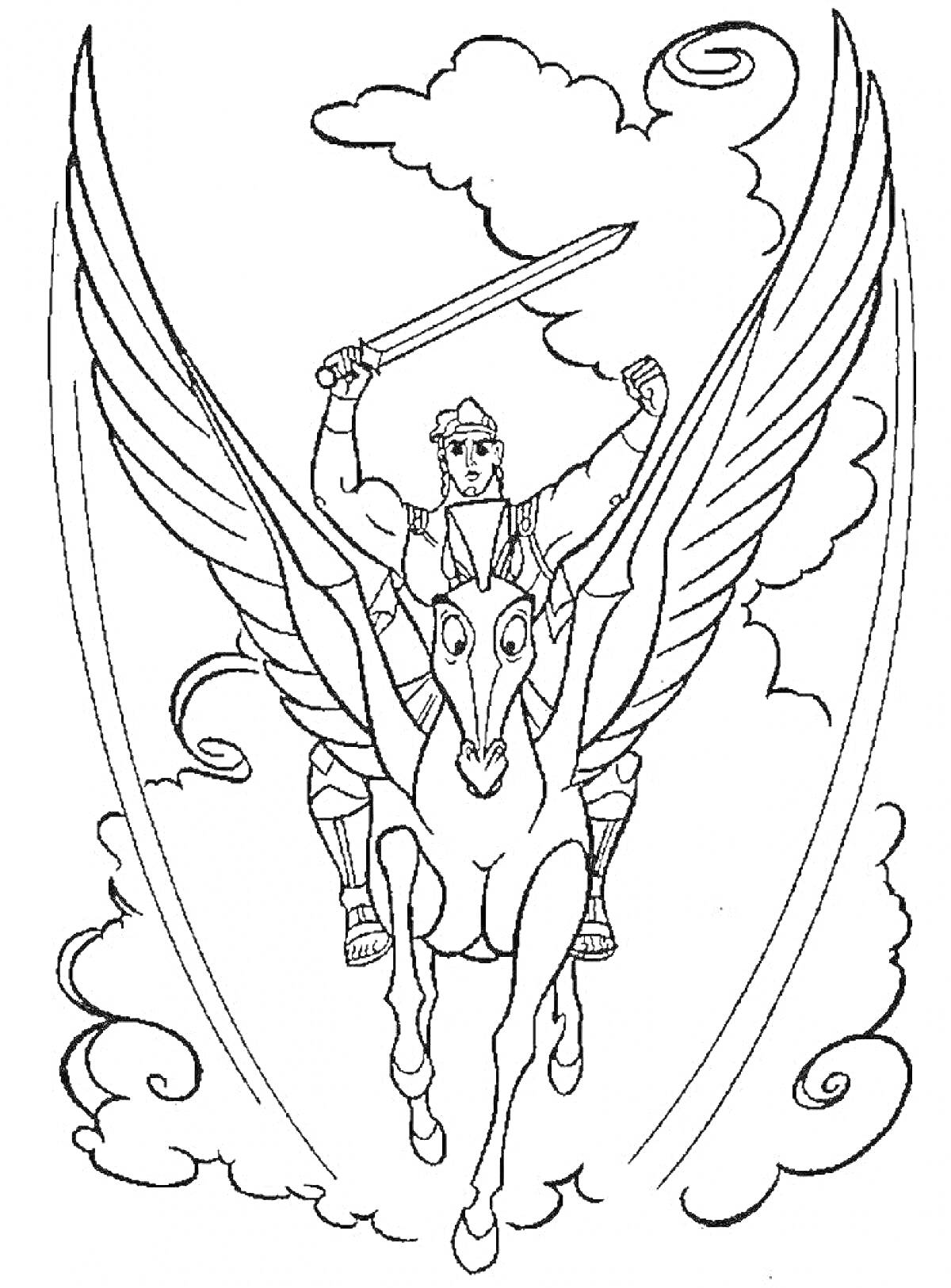 На раскраске изображено: Древняя Греция, Воин, Крылатый конь, Меч, Облака, Крылья, Пегас, Мифические существа