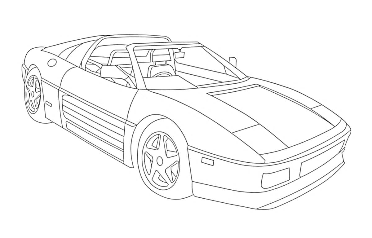 Раскраска Раскраска с изображением автомобиля Ferrari F40 с открытым верхом, вид спереди и сбоку