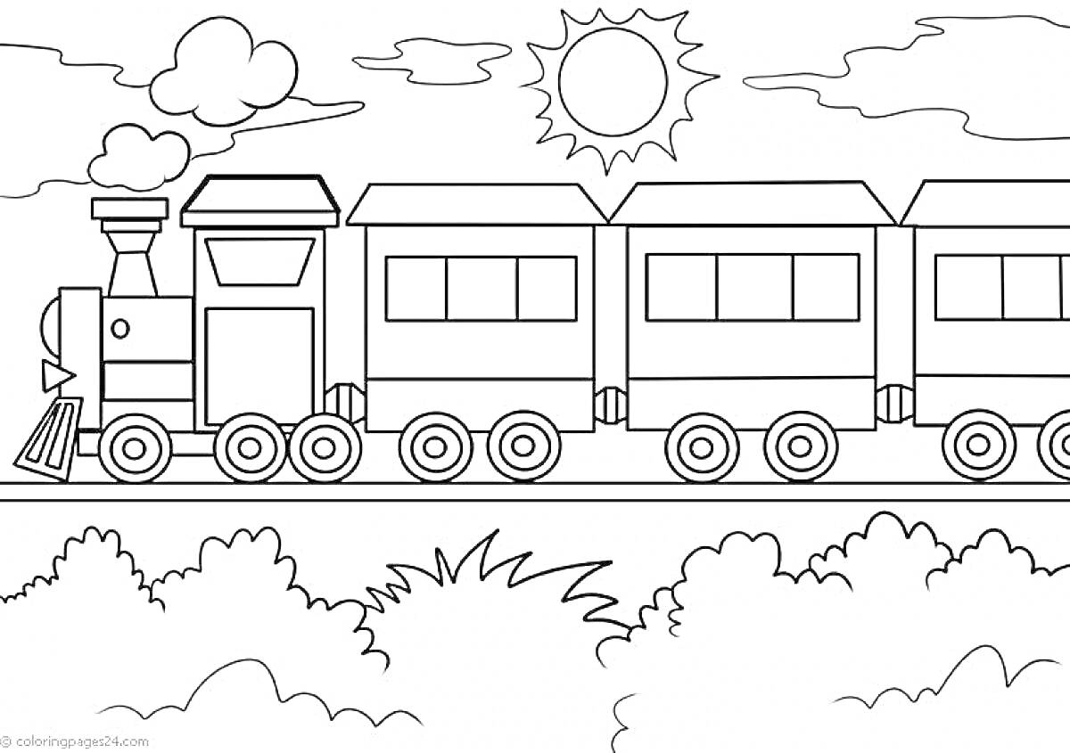 На раскраске изображено: Паровоз, Вагоны, Железная дорога, Облака, Солнце, Кусты, Природа, Для детей, Поезд