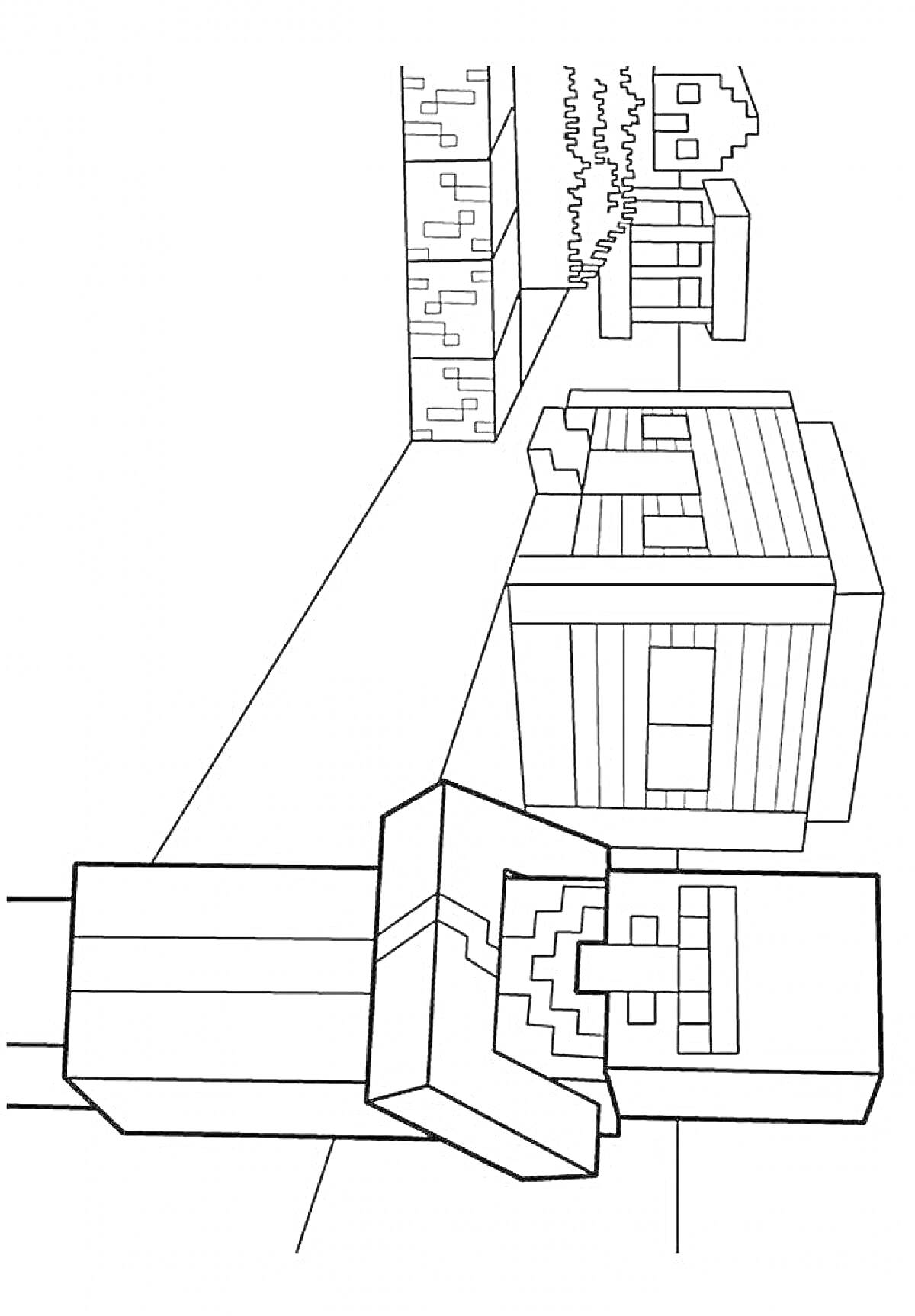 Раскраска Персонаж и три дома в Minecraft, трава на земле