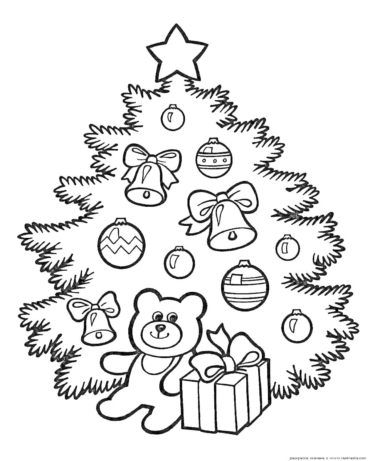 На раскраске изображено: Новогодняя ёлка, Рождественская елка, Игрушки, Украшения, Новогодний декор, Праздники, Новогодние шары, Подарки, Звезды, Колокольчик, Елки, Медведь