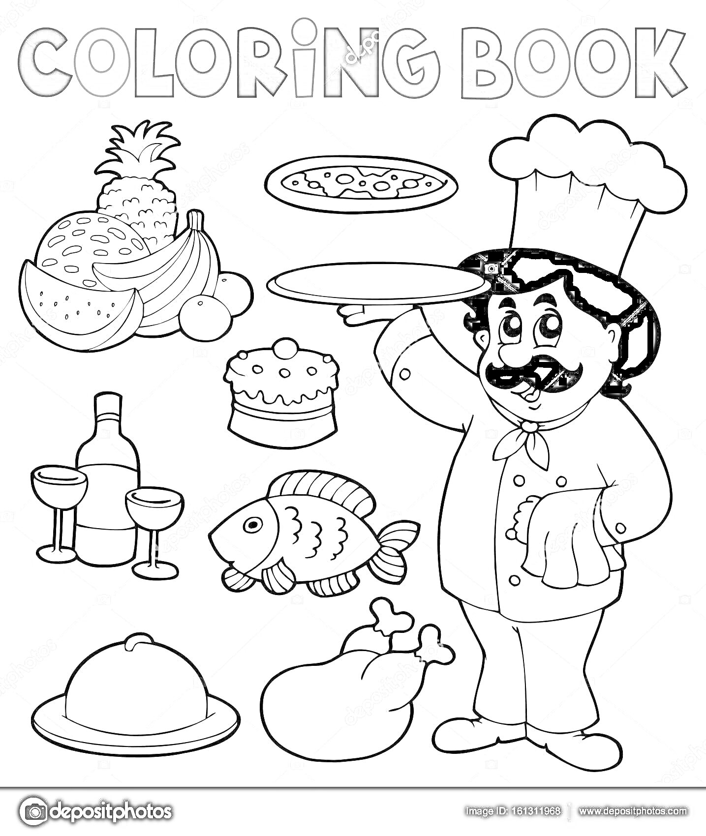 На раскраске изображено: Повар, Еда, Пицца, Рыба, Торт, Фрукты, Кухня, Посуда