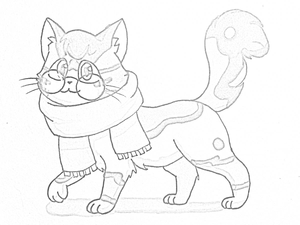 Раскраска Кот с очками и полосками в шарфе