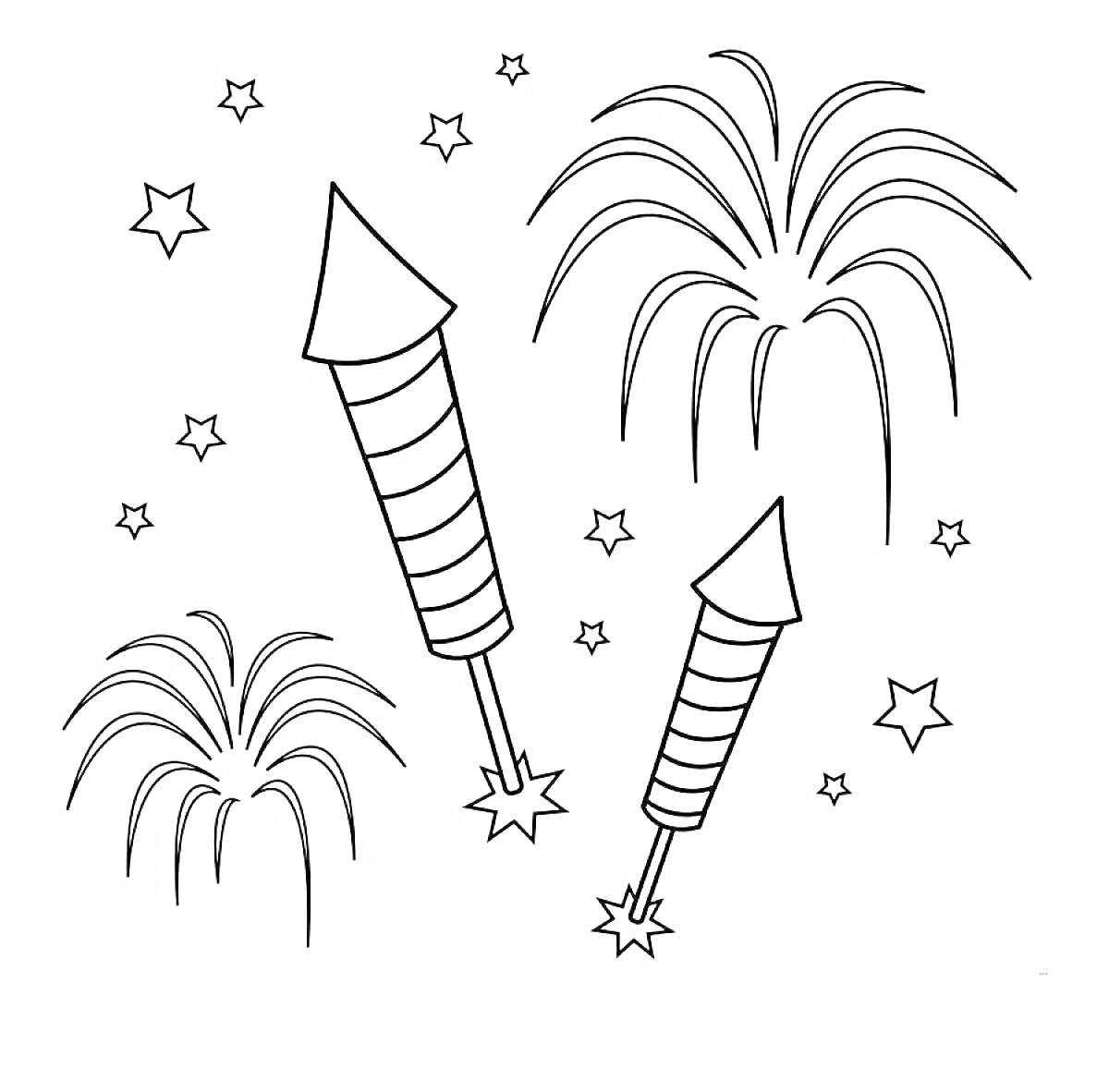 На раскраске изображено: Ракета, Звезды, Праздничное украшение, Для детей, Веселье, Хлопушка, Небо