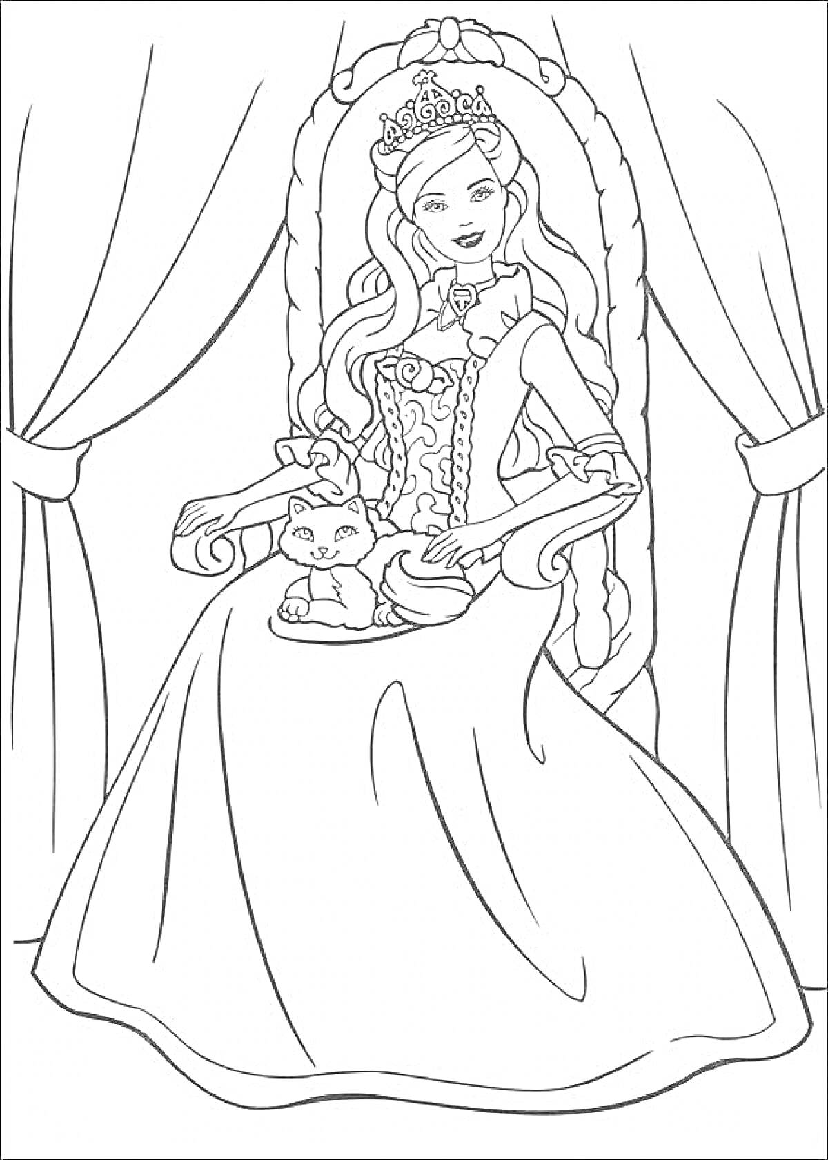 Раскраска Барби-принцесса с короной на троне, держит кошку