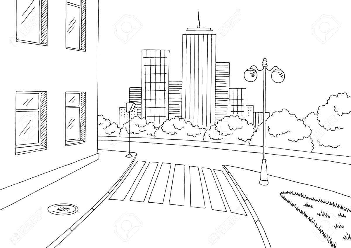 На раскраске изображено: Городская улица, Высокие здания, Небоскребы, Деревья, Пешеходный переход, Фонари, Тротуар, Трава