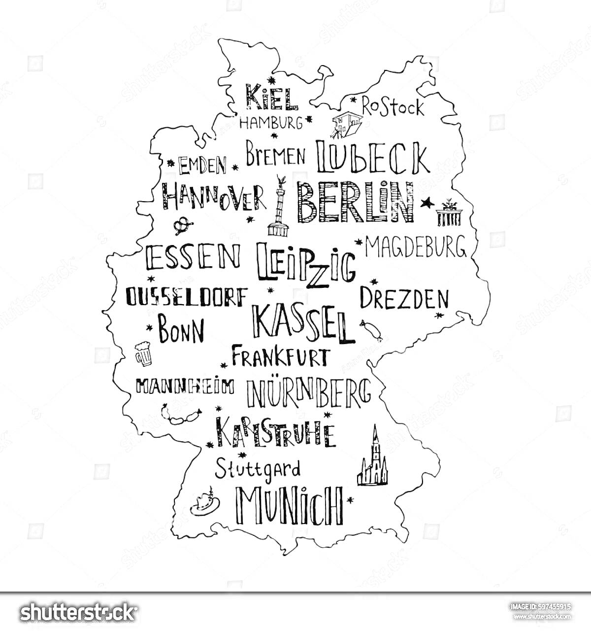На раскраске изображено: Германия, Карта, Города, География, Берлин