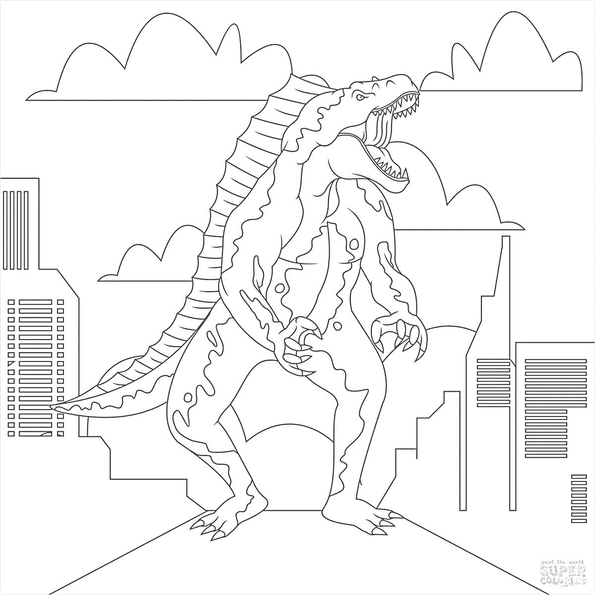 На раскраске изображено: Годзилла, Высотки, Облака, Монстр