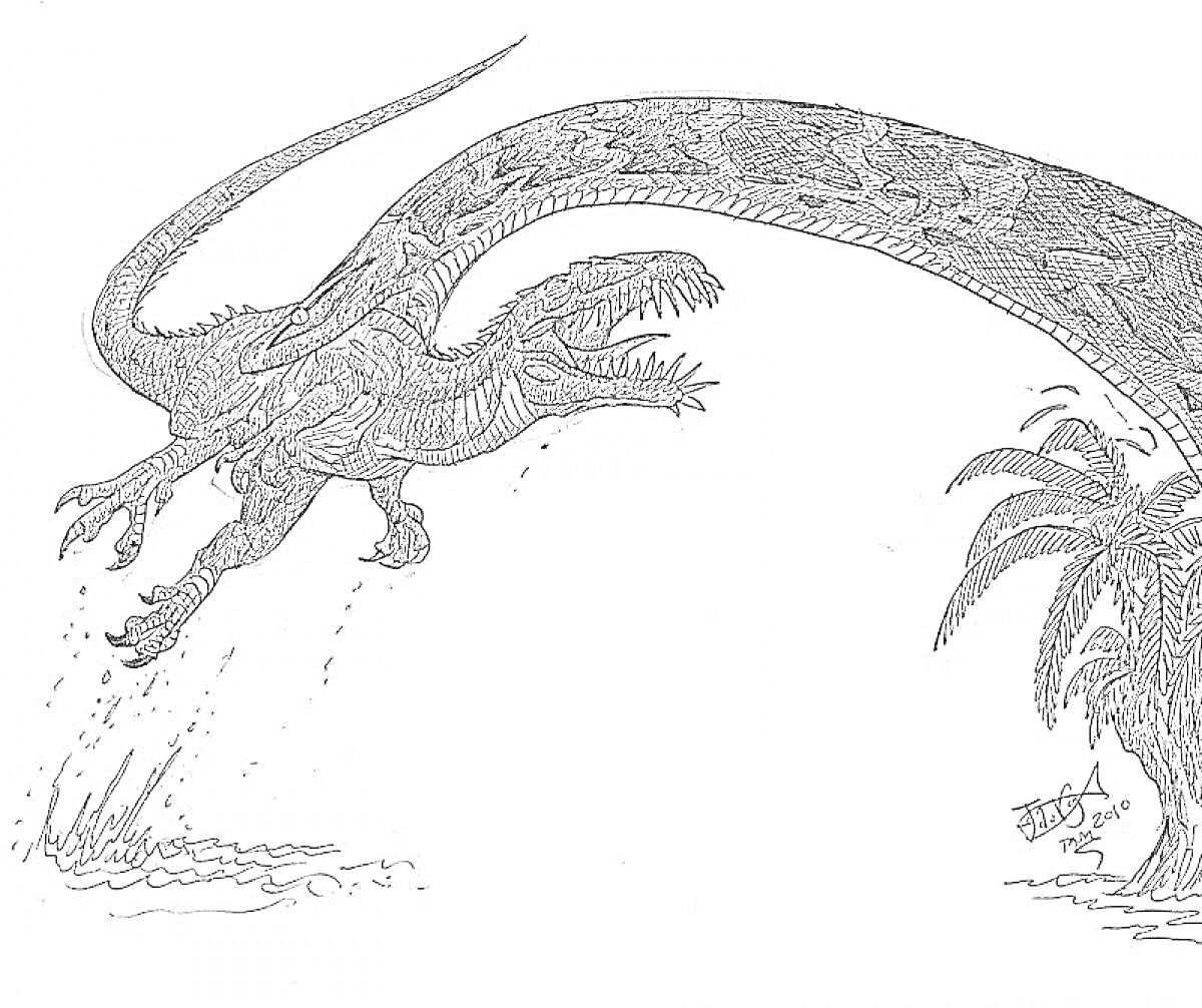 Раскраска Титанобоа, атакующая динозавра рядом с пальмами