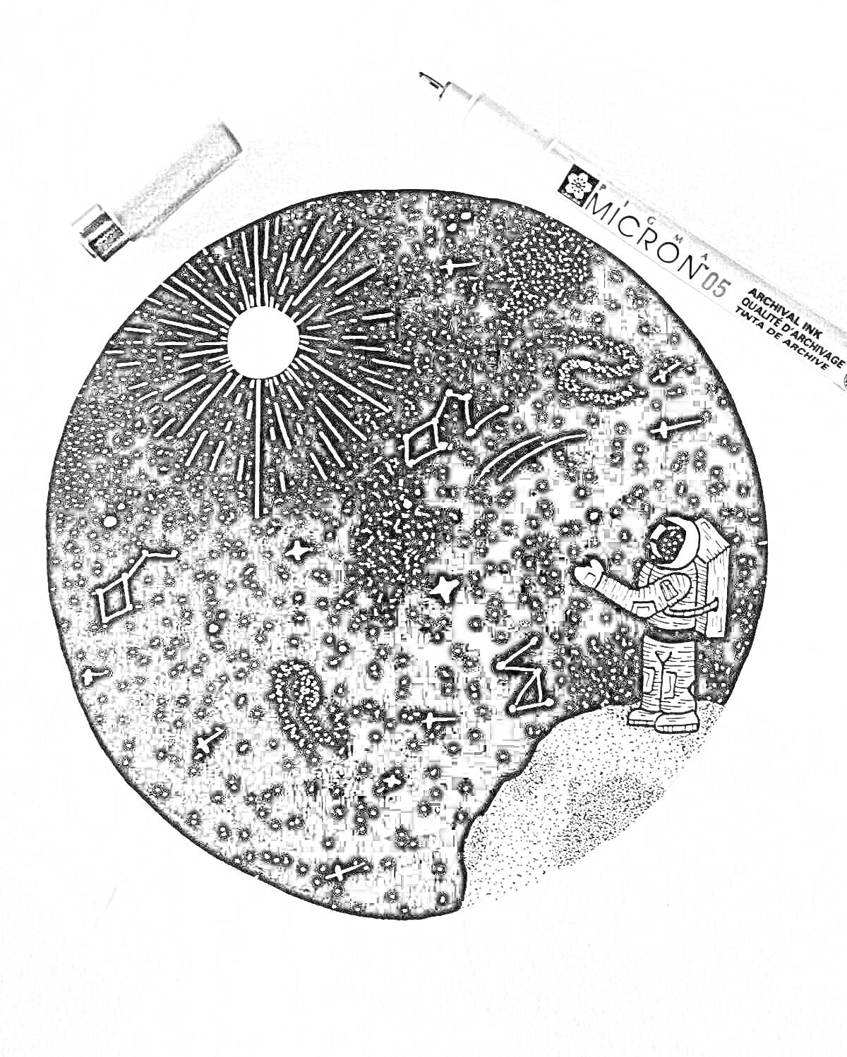 Космос с астронавтом на черной бумаге, солнце, созвездия, звезды, астронавт на поверхности