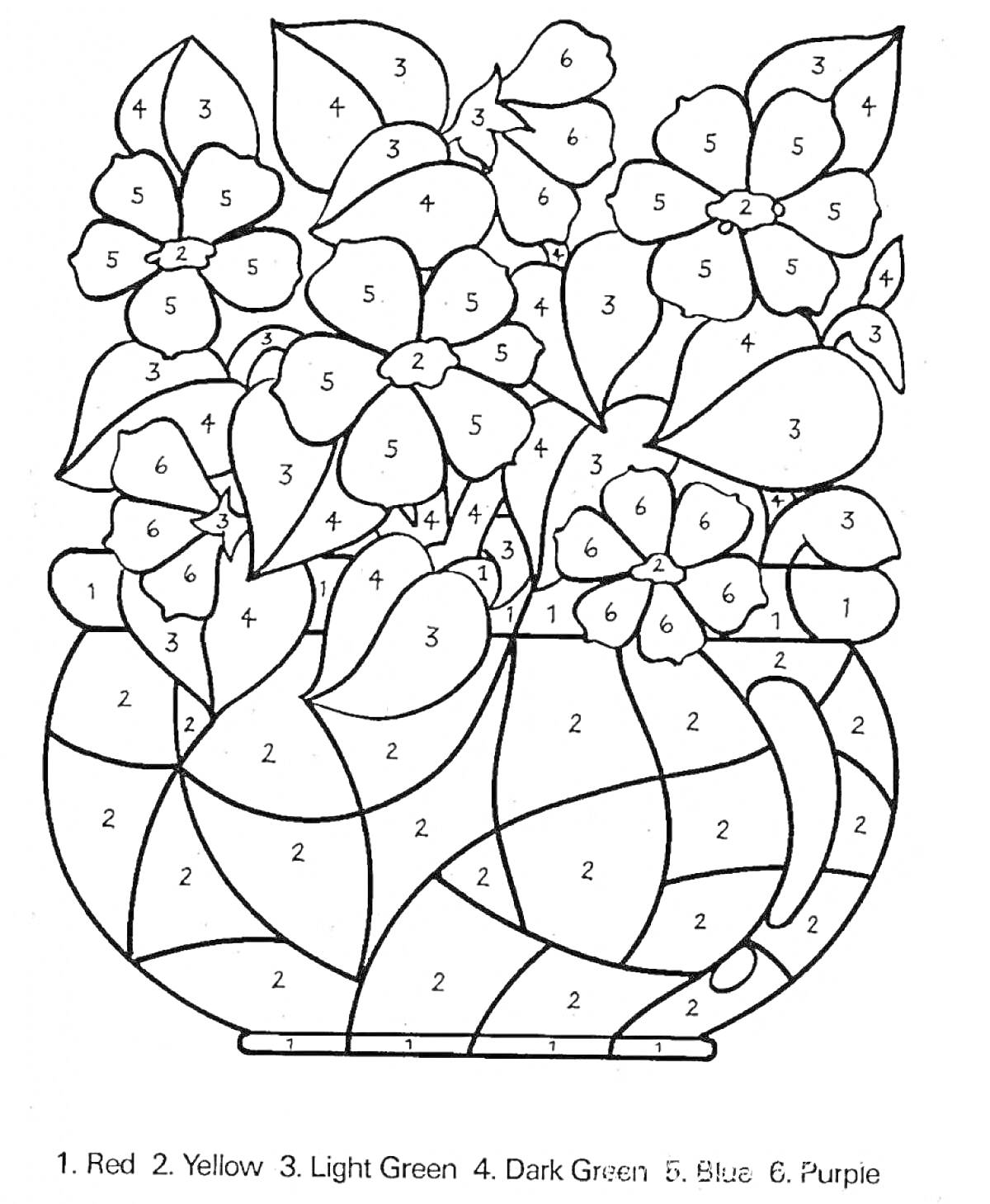 Раскраска Цветочный горшок с цветами, листьями и узорами для раскрашивания по номерам